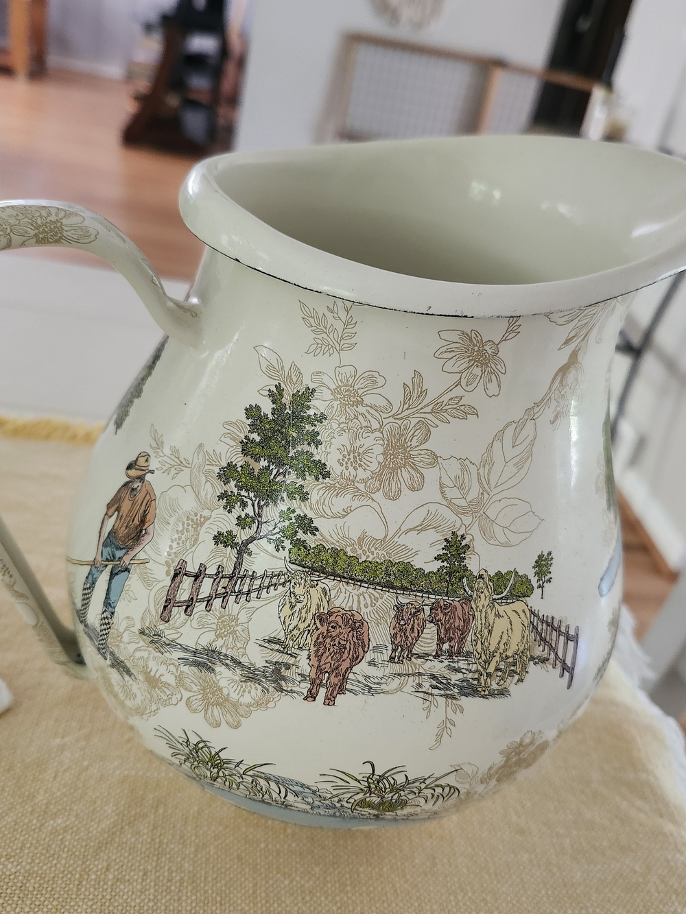 MacKenzie-Childs Large Pitcher with Pastoral Farm Motif Retired Aurora Pattern